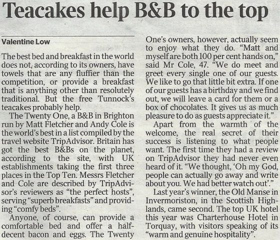The Twenty One B&B Brighton in the news